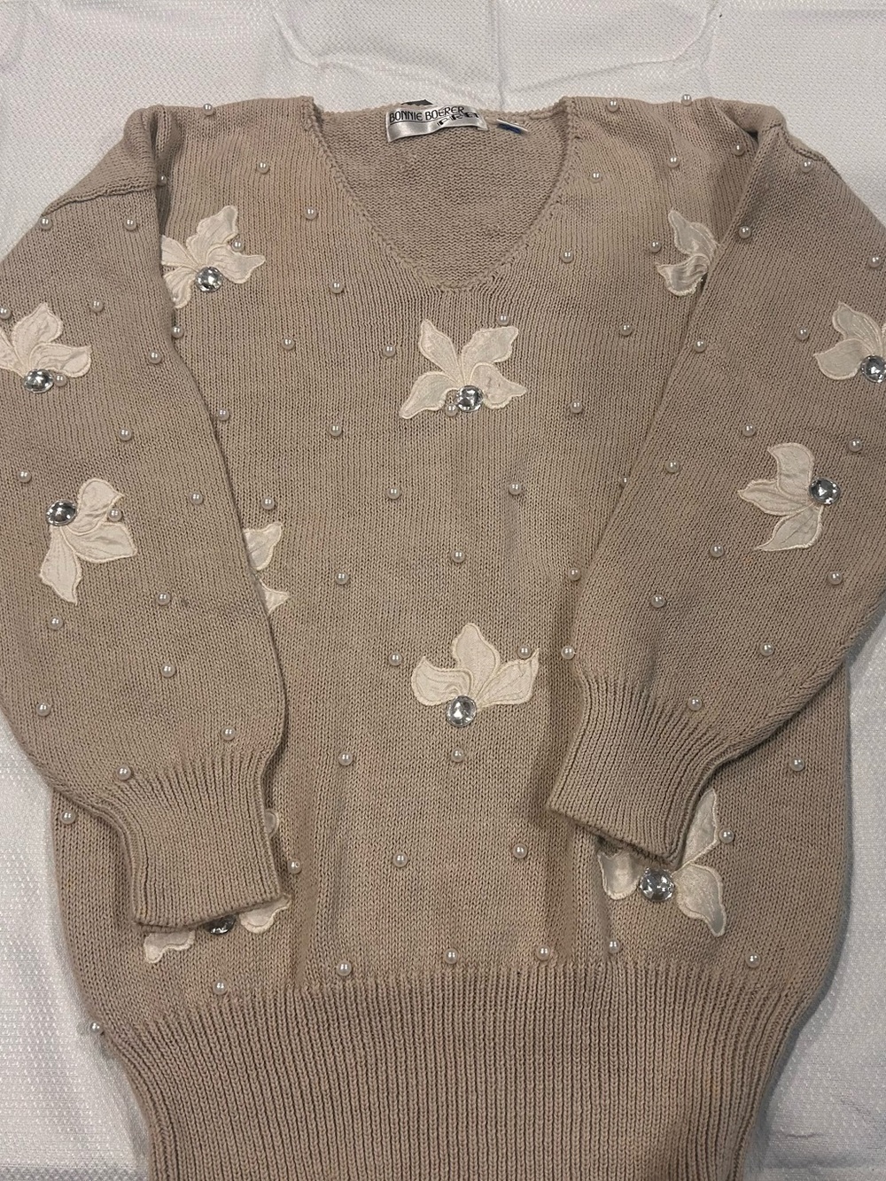 Bonnie Boomer Taupe Floral Pearl-Accent with Clear Shiny Gems V-Neck Sweater